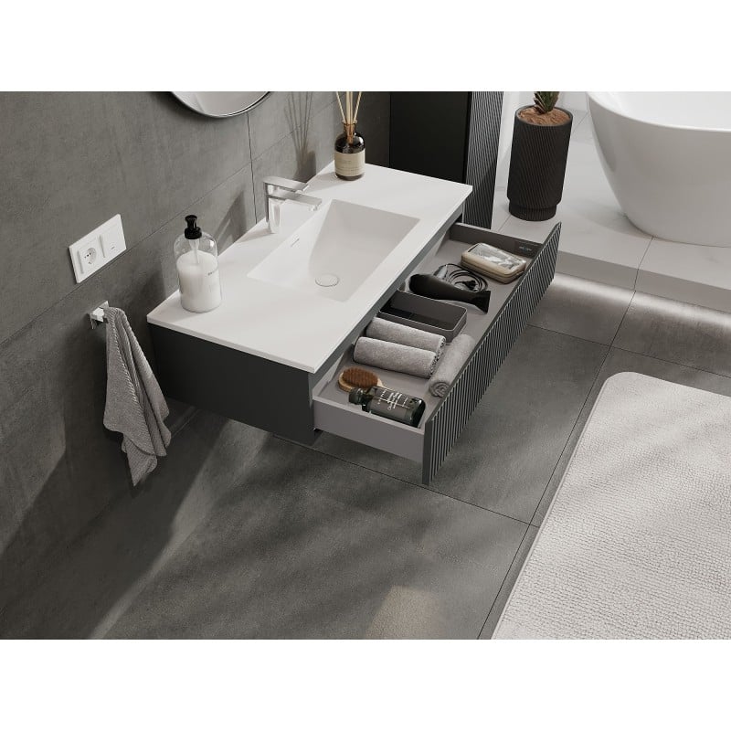 Mexen Rivel 100 cm bathroom cabinet with sink Otis, 1 drawer, fluted, graphite matte/white matte - 91A20-10023-1-BF66-W18M01
