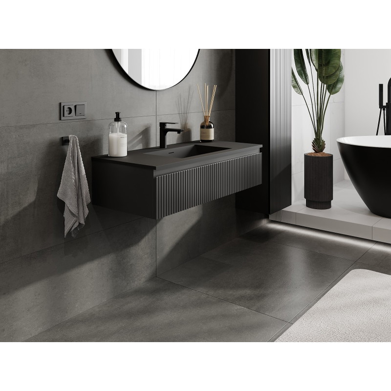 Mexen Rivel bathroom cabinet 100 cm with sink Otis, 1 drawer, grooved, matte black - 91A20-10023-1-BF71-W18M71