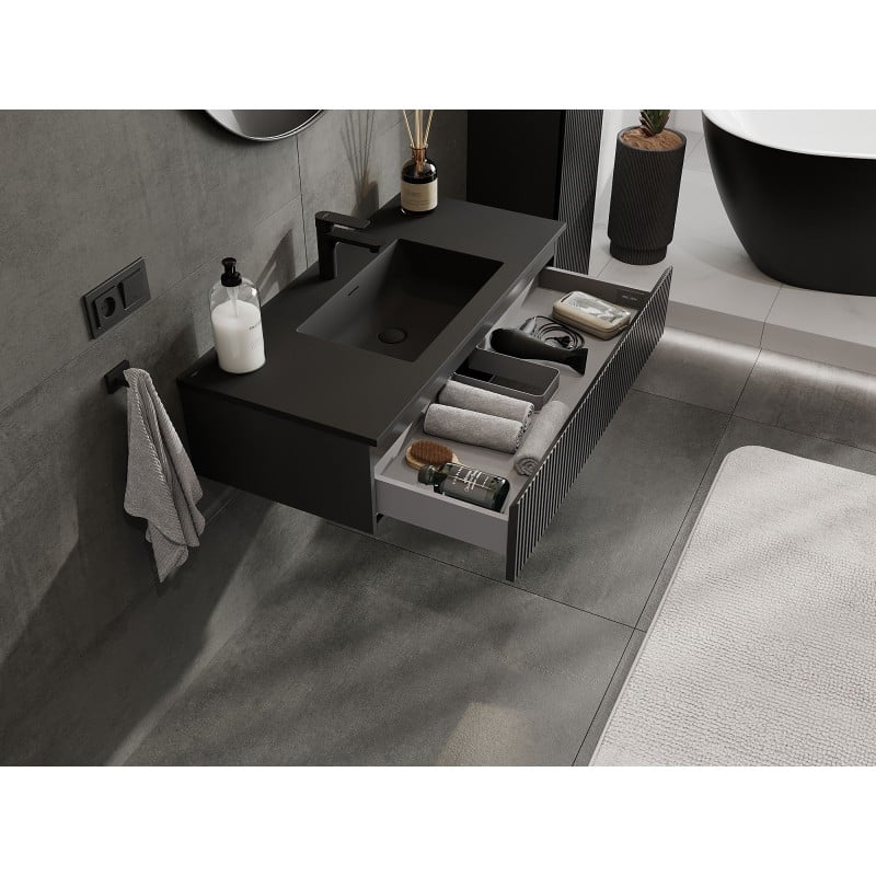 Mexen Rivel bathroom cabinet 100 cm with Otis sink, 1 drawer, grooved, black matte - 91A20-10023-1-BF71-W18M71
