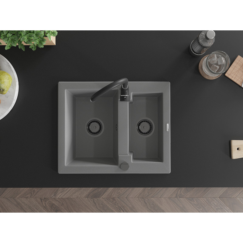 Mexen Carlos 1.5-bowl granite sink 582 x 475 mm, gray, black siphon - 6518581500-71-B