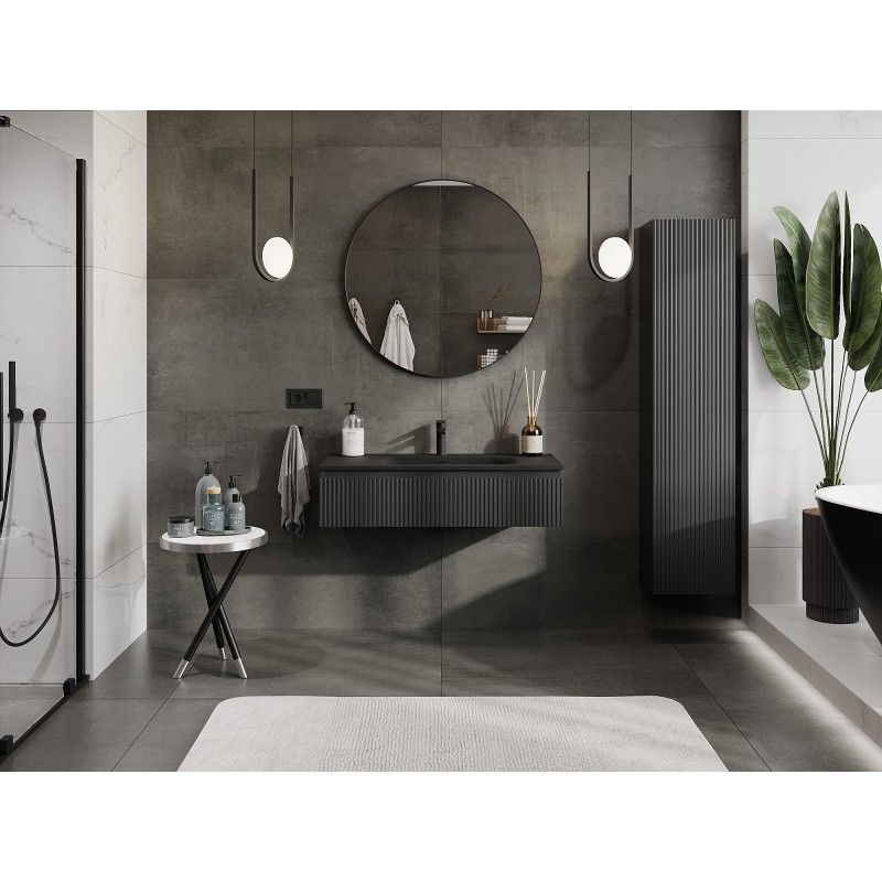 Mexen Rivel bathroom cabinet 100 cm with Vela sink, 1 drawer, fluted, black matte - 91A20-10023-1-BF71-W23M71