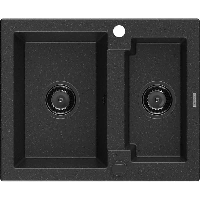 Mexen Carlos 1.5-compartment granite sink 582 x 475 mm, Black/Silver metallic, siphon Black - 6518581500-73-B