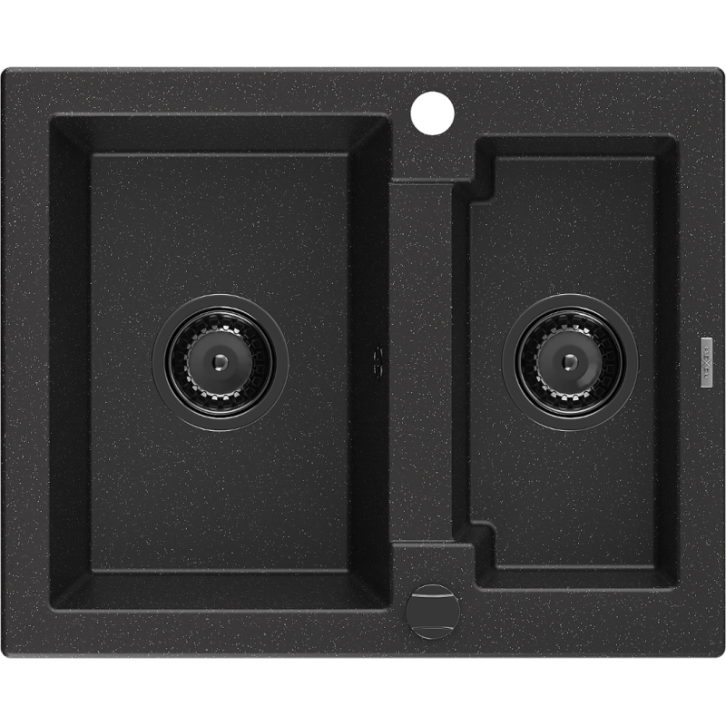 Mexen Carlos granite sink 1.5-bowl 582 x 475 mm, black/silver metallic, black siphon - 6518581500-73-B