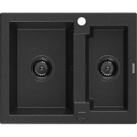 Mexen Carlos granite sink 1.5-bowl 582 x 475 mm, black/silver metallic, black siphon - 6518581500-73-B