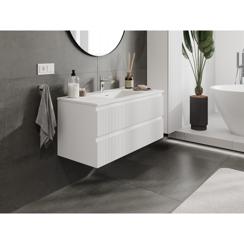 Mexen Rivel bathroom cabinet 100 cm with Otis washbasin, 2 drawers, grooved, white matt - 91A20-10047-2-BFF01-W18M01