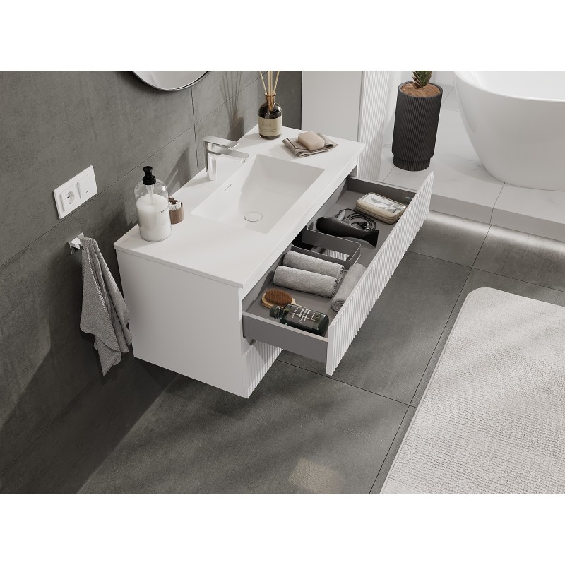 Mexen Rivel bathroom cabinet 100 cm with Otis washbasin, 2 drawers, grooved, white matt - 91A20-10047-2-BFF01-W18M01