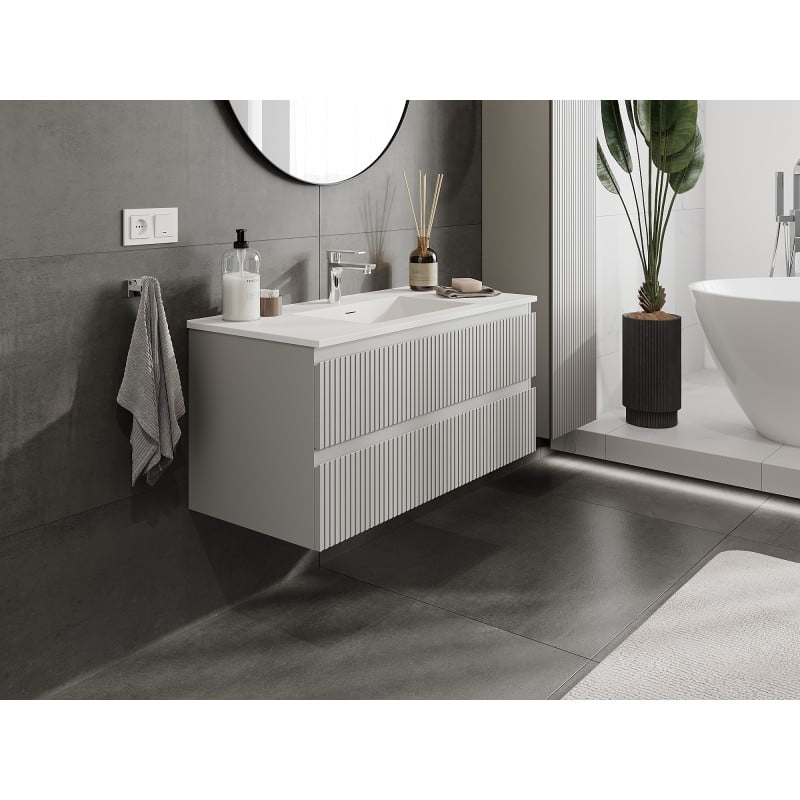 Mexen Rivel bathroom cabinet 100 cm with sink Otis, 2 drawers, fluted, gray matte/white matte - 91A20-10047-2-BFF62-W18M01