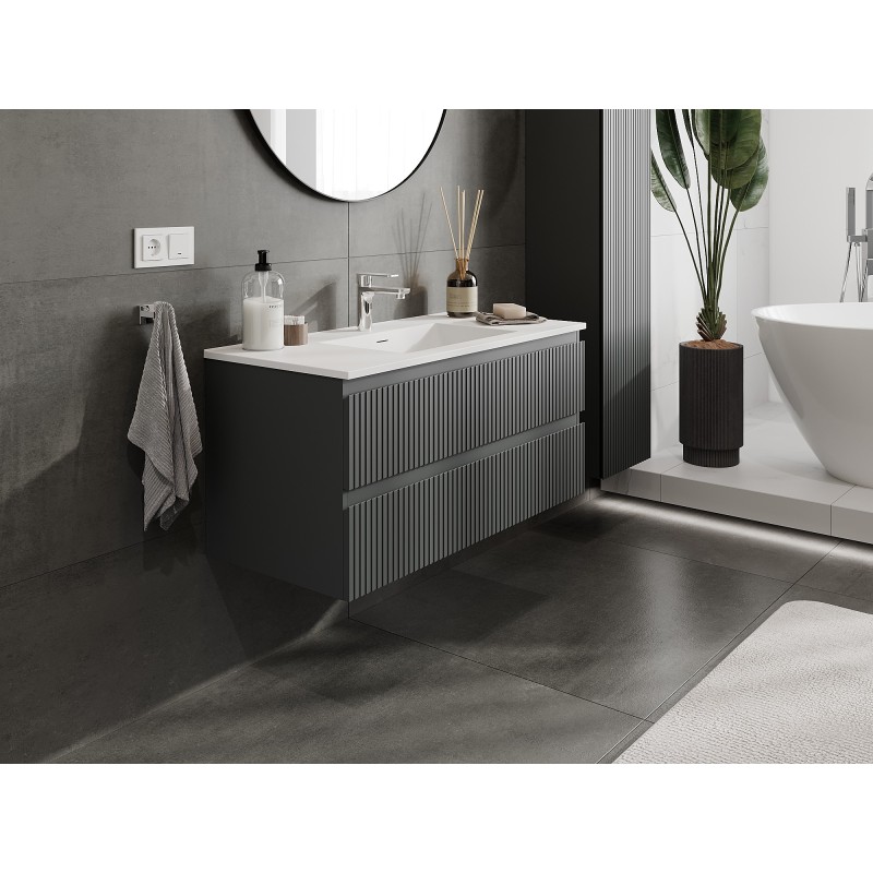 Mexen Rivel 100 cm bathroom cabinet with sink Otis, 2 drawers, grooved, matte graphite/white - 91A20-10047-2-BFF66-W18M0