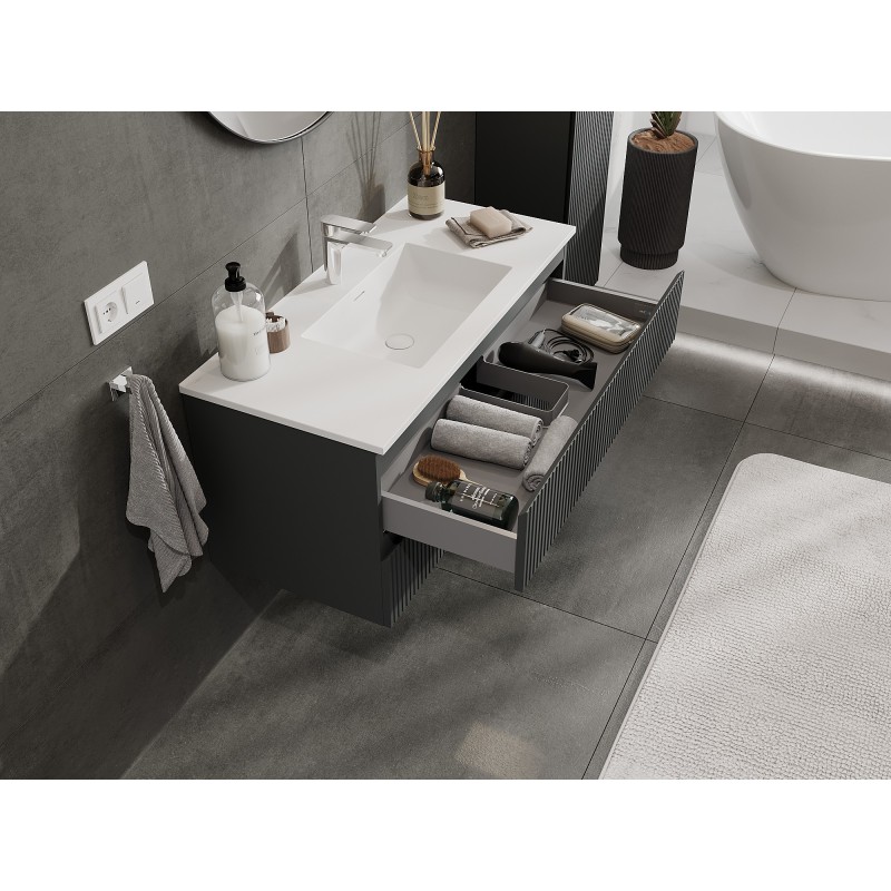 Mexen Rivel 100 cm bathroom cabinet with sink Otis, 2 drawers, grooved, matte graphite/white - 91A20-10047-2-BFF66-W18M0