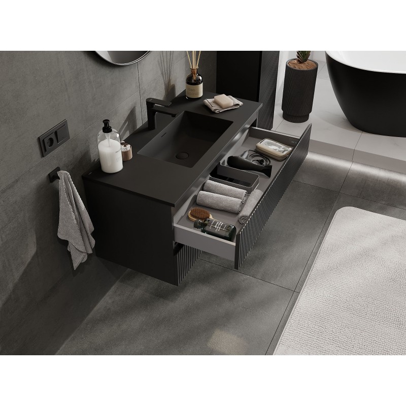 Mexen Rivel bathroom cabinet 100 cm with Otis sink, 2 drawers, fluted, black matte - 91A20-10047-2-BFF71-W18M71