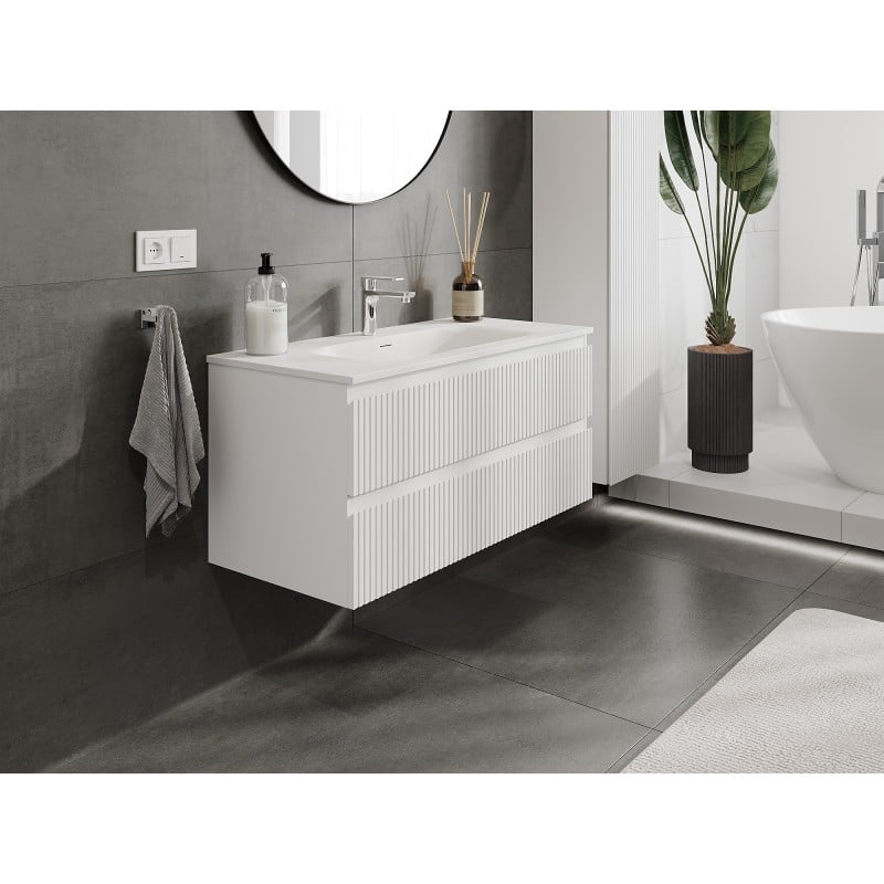 Mexen Rivel bathroom cabinet 100 cm with Vela sink, 2 drawers, grooved, white matt - 91A20-10047-2-BFF01-W23M01