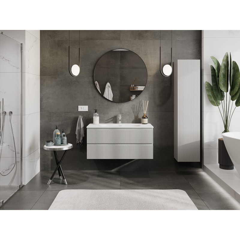 Mexen Rivel bathroom cabinet 100 cm with Vela washbasin, 2 drawers, fluted, grey matt/white matt - 91A20-10047-2-BFF62-W23M01