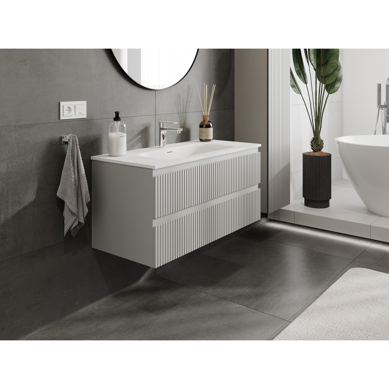 Mexen Rivel 100 cm Bathroom Cabinet with Vela Sink, 2 Drawers, Ribbed, Matte Gray/Matte White - 91A20-10047-2-BFF62-W23M01