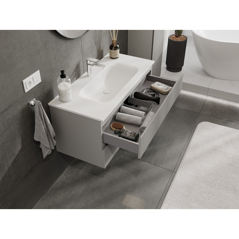 Mexen Rivel 100 cm Bathroom Cabinet with Vela Sink, 2 Drawers, Ribbed, Matte Gray/Matte White - 91A20-10047-2-BFF62-W23M01