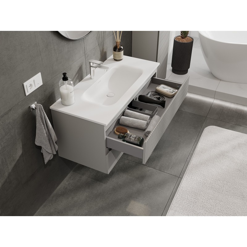 Mexen Rivel bathroom cabinet 100 cm with Vela washbasin, 2 drawers, fluted, grey matt/white matt - 91A20-10047-2-BFF62-W23M01