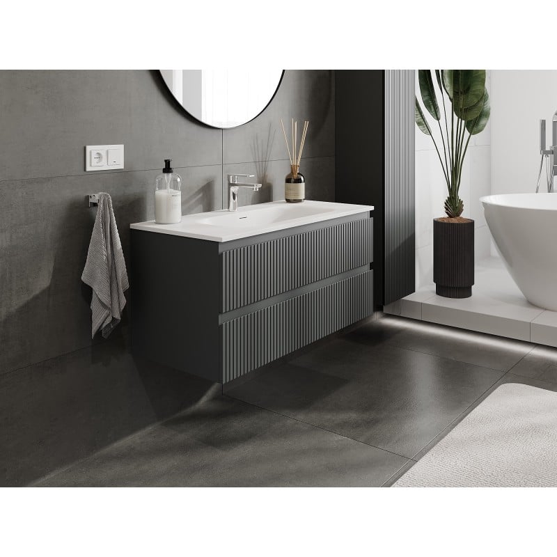 Mexen Rivel bathroom cabinet 100 cm with washbasin Vela, 2 drawers, fluted, graphite matte/white matte -