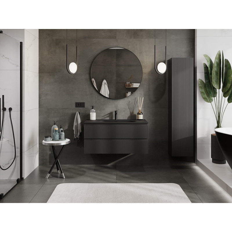 Mexen Rivel 100 cm Bathroom Cabinet with Vela Sink, 2 Drawers, Fluted, Matte Black - 91A20-10047-2-BFF71-W23M71