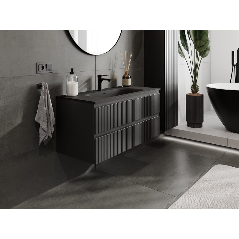 Mexen Rivel 100 cm Bathroom Cabinet with Vela Sink, 2 Drawers, Fluted, Matte Black - 91A20-10047-2-BFF71-W23M71