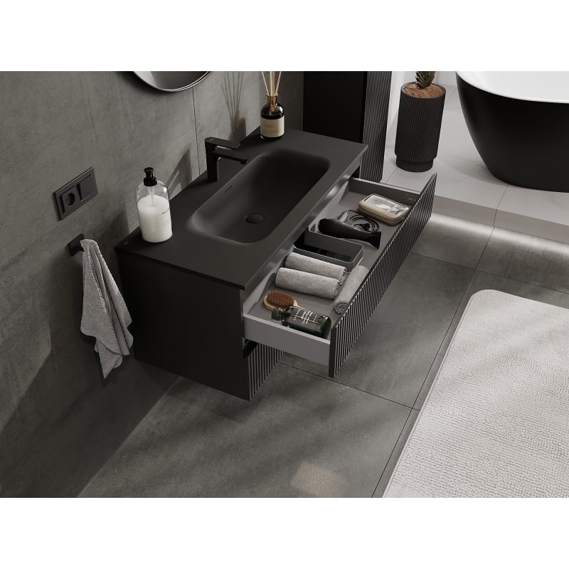Mexen Rivel 100 cm Bathroom Cabinet with Vela Sink, 2 Drawers, Fluted, Matte Black - 91A20-10047-2-BFF71-W23M71