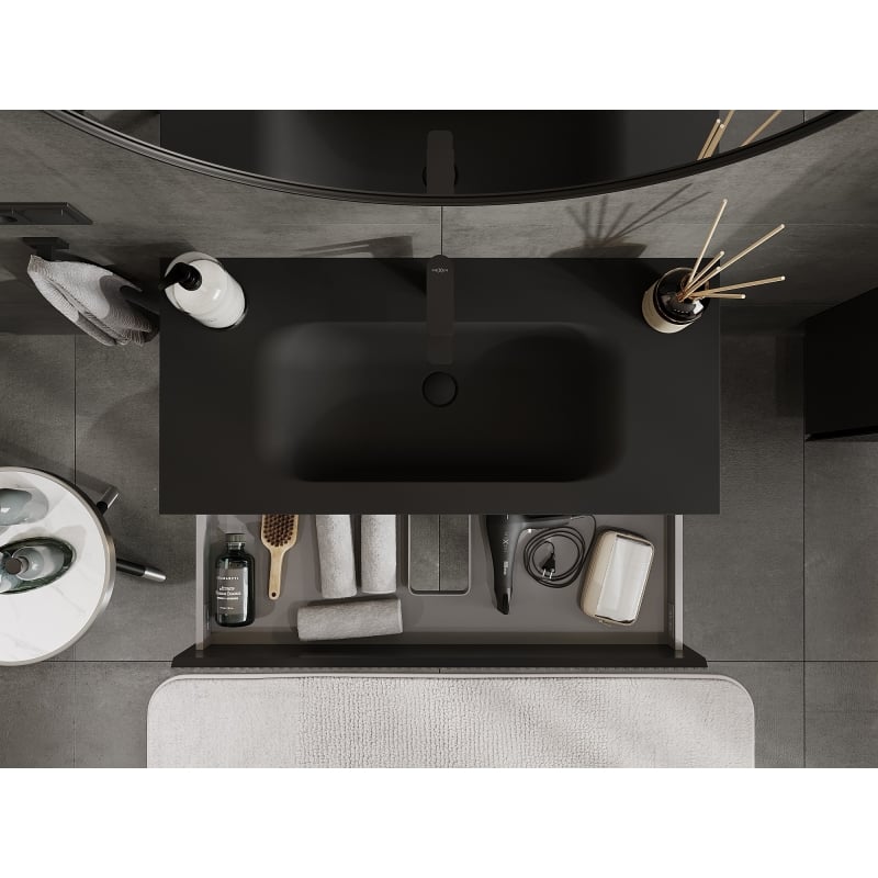 Mexen Rivel 100 cm Bathroom Cabinet with Vela Sink, 2 Drawers, Fluted, Matte Black - 91A20-10047-2-BFF71-W23M71