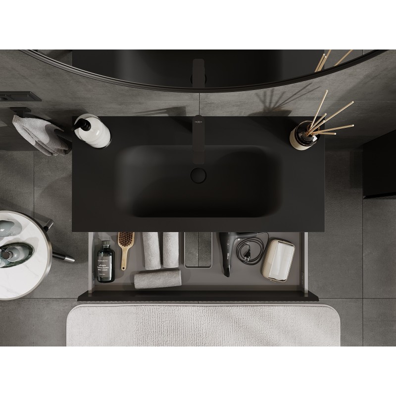 Mexen Rivel bathroom cabinet 100 cm with Vela sink, 2 drawers, fluted, black matt - 91A20-10047-2-BFF71-W23M71
