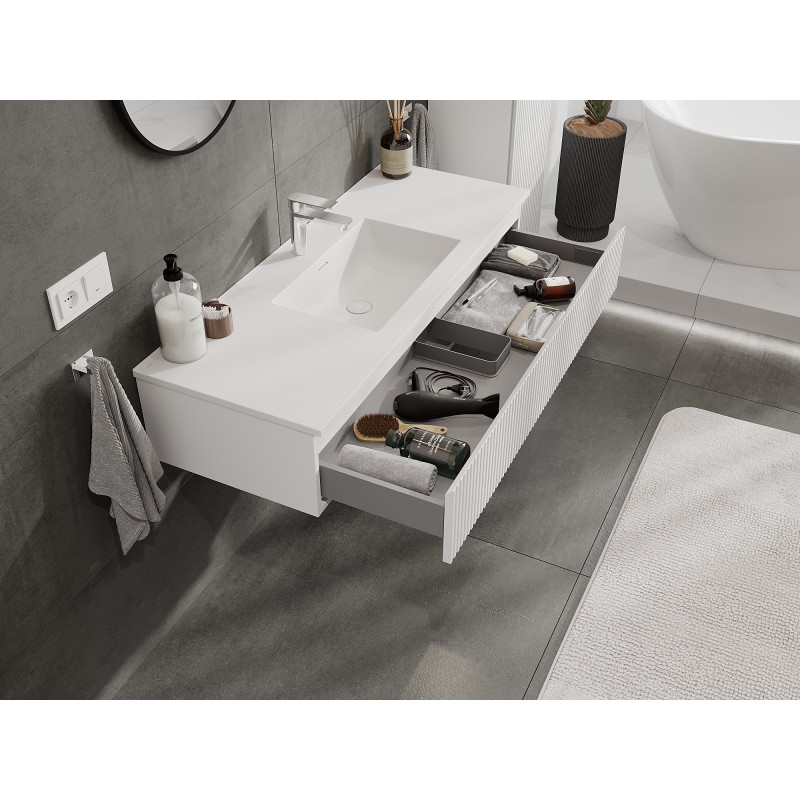 Mexen Rivel bathroom cabinet 120 cm with Otis washbasin, 1 drawer, grooved, white matte - 91A20-12023-1-BF01-W18M01