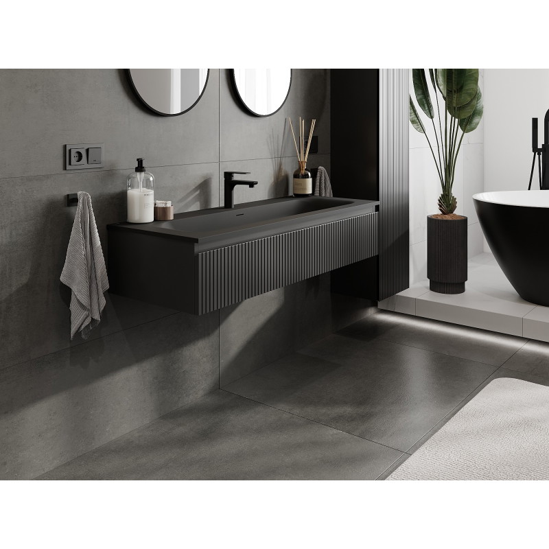 Mexen Rivel 120 cm bathroom cabinet with Vela sink, 1 drawer, grooved, matte black - 91A20-12023-1-BF71-W23M71