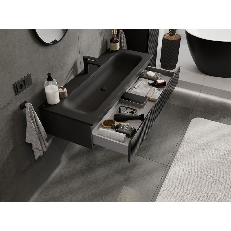 Mexen Rivel 120 cm bathroom cabinet with Vela sink, 1 drawer, grooved, matte black - 91A20-12023-1-BF71-W23M71