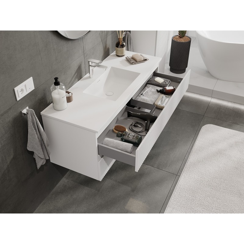 Mexen Rivel 120 cm Bathroom Cabinet with Otis Sink, 2 Drawers, Fluted, White Matte - 91A20-12047-2-BFF01-W18M01