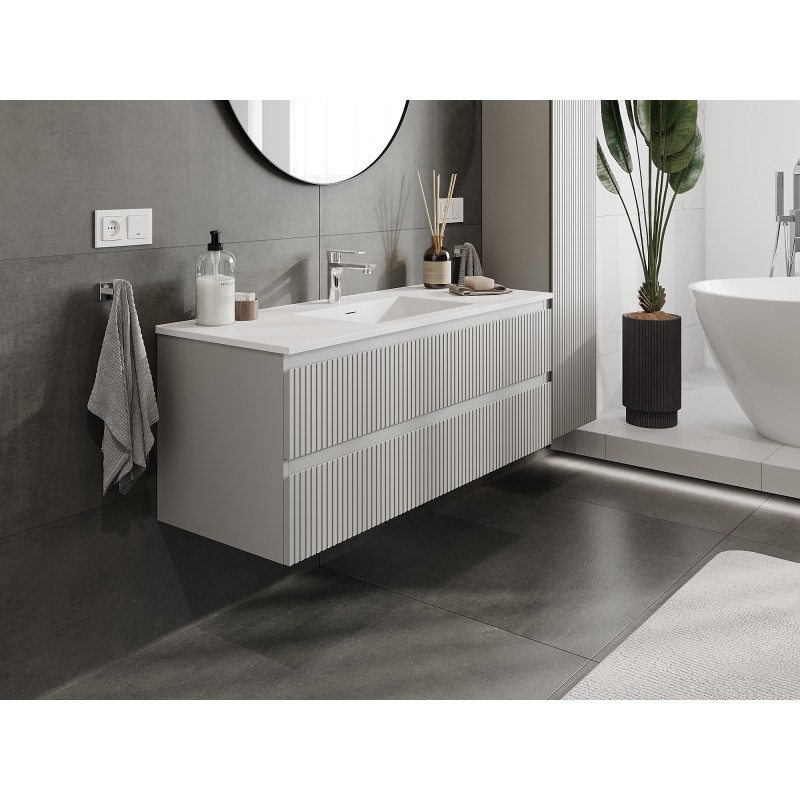 Mexen Rivel bathroom cabinet 120 cm with sink Otis, 2 drawers, fluted, gray matte/white matte - 91A20-12047-2-BFF62-W18M0