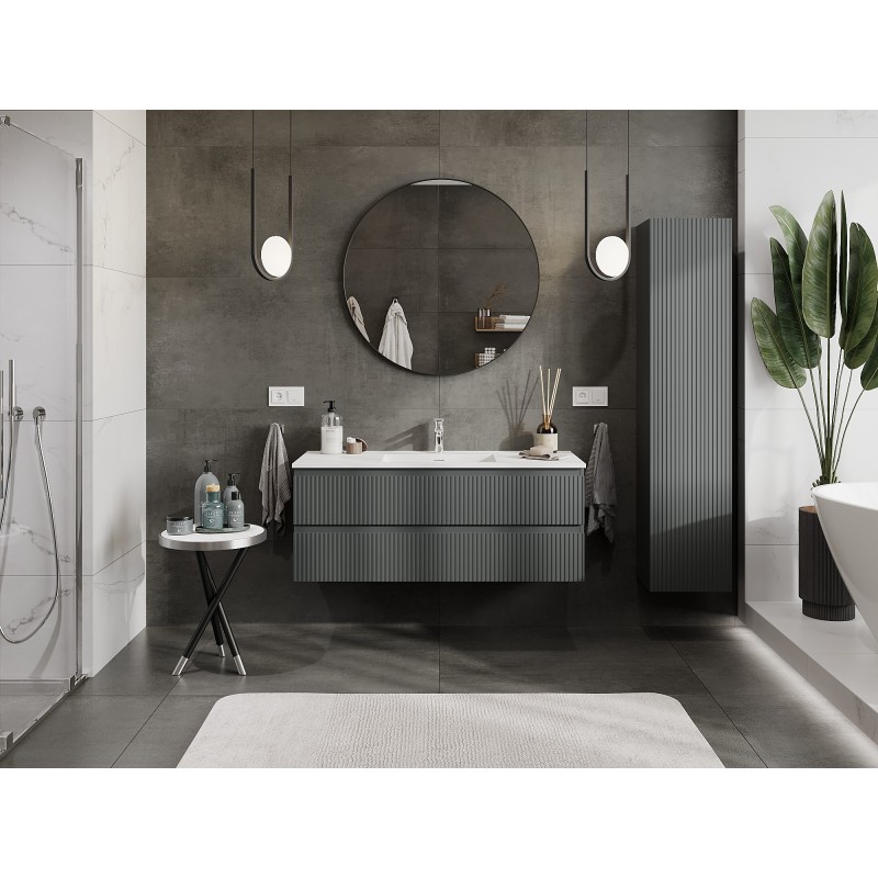 Mexen Rivel bathroom cabinet 120 cm with Otis sink, 2 drawers, fluted, matte graphite/white matte - 91A20-12047-2-BFF66-W18M