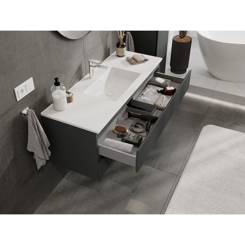 Mexen Rivel bathroom cabinet 120 cm with Otis sink, 2 drawers, fluted, matte graphite/white matte - 91A20-12047-2-BFF66-W18M