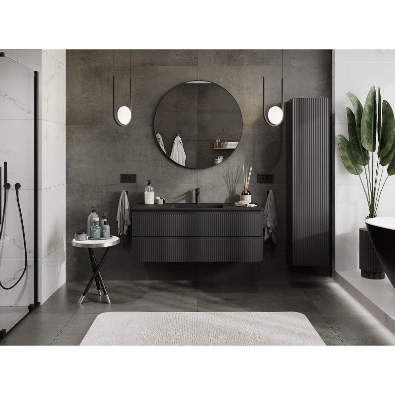 Mexen Rivel 120 cm bathroom cabinet with Otis washbasin, 2 drawers, fluted, matte black - 91A20-12047-2-BFF71-W18M71