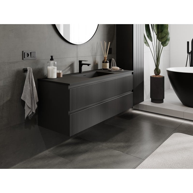 Mexen Rivel 120 cm Bathroom Cabinet with Otis Basin, 2 Drawers, Grooved, Black Matte - 91A20-12047-2-BFF71-W18M71