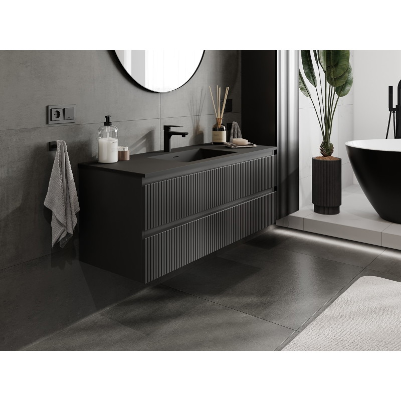 Mexen Rivel 120 cm bathroom cabinet with Otis washbasin, 2 drawers, fluted, matte black - 91A20-12047-2-BFF71-W18M71