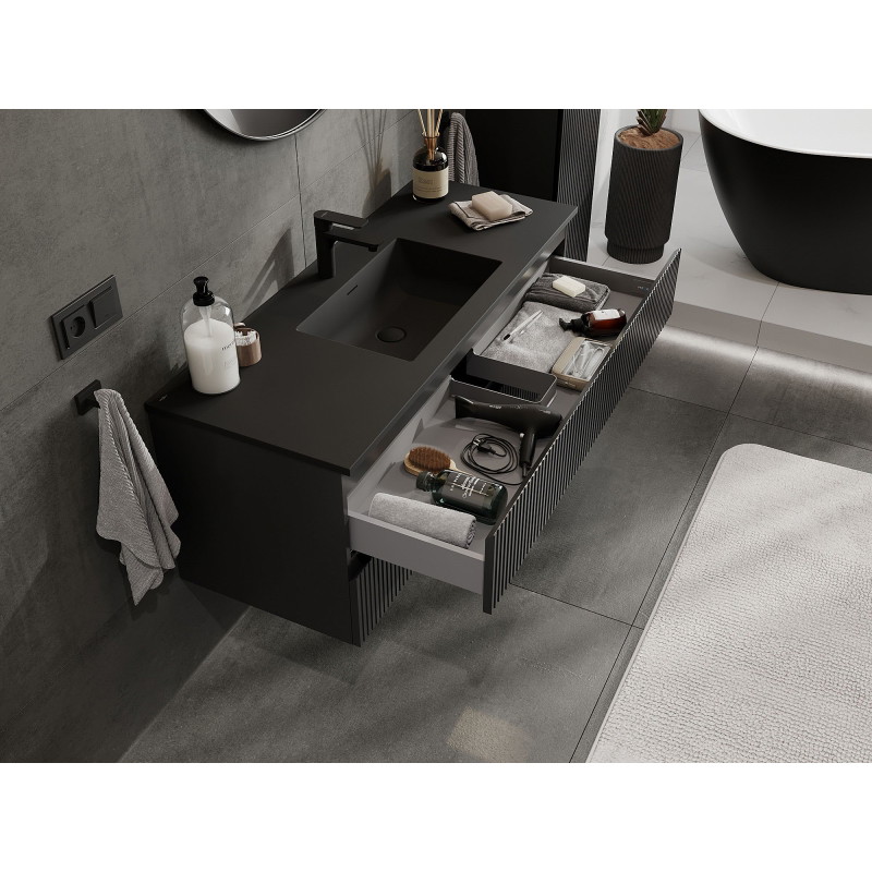 Mexen Rivel 120 cm bathroom cabinet with Otis washbasin, 2 drawers, fluted, matte black - 91A20-12047-2-BFF71-W18M71