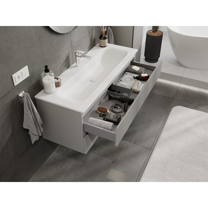 Mexen Rivel bathroom cabinet 120 cm with sink Vela, 2 drawers, fluted, gray matte/white matte - 91A20-12047-2-BFF62-W23M0