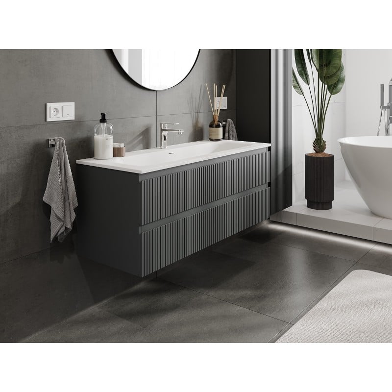 Mexen Rivel bathroom cabinet 120 cm with sink Vela, 2 drawers, fluted, matte graphite/white matte - 91A20-12047-2-BFF66-W23M