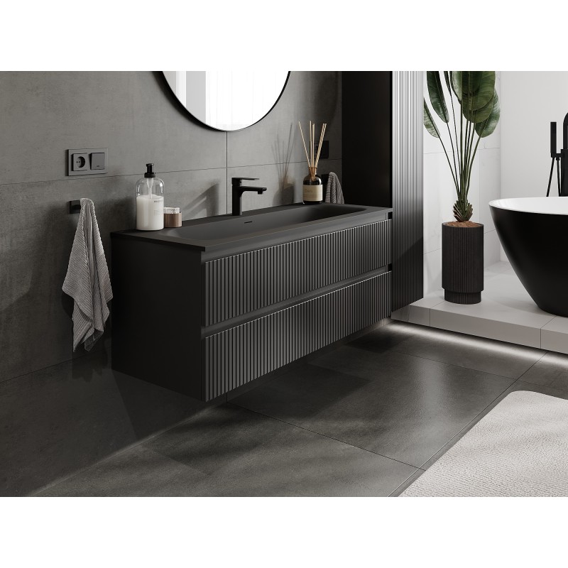 Mexen Rivel 120 cm bathroom cabinet with Vela washbasin, 2 drawers, fluted, black matte - 91A20-12047-2-BFF71-W23M71