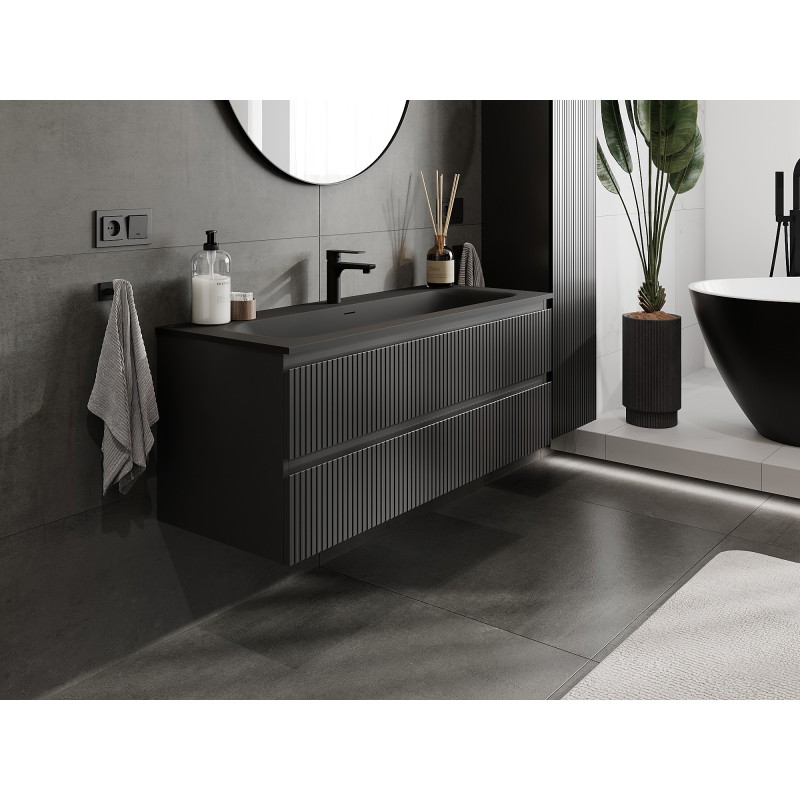 Mexen Rivel bathroom cabinet 120 cm with Vela sink, 2 drawers, grooved, black matte - 91A20-12047-2-BFF71-W23M71