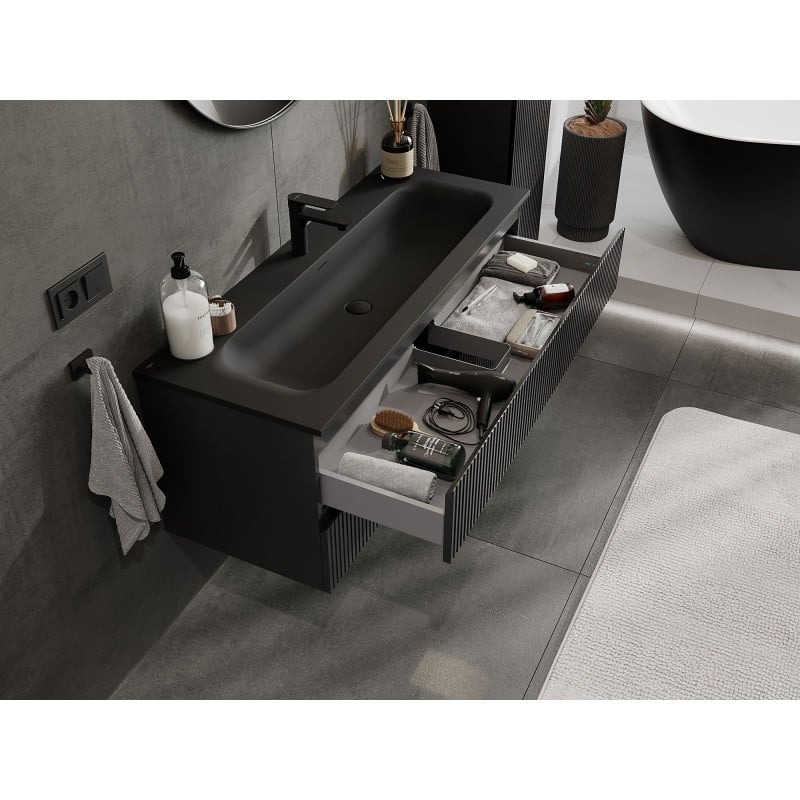 Mexen Rivel 120 cm bathroom cabinet with Vela washbasin, 2 drawers, fluted, black matte - 91A20-12047-2-BFF71-W23M71