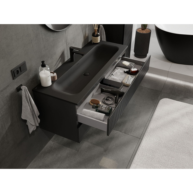 Mexen Rivel bathroom cabinet 120 cm with Vela sink, 2 drawers, grooved, black matte - 91A20-12047-2-BFF71-W23M71