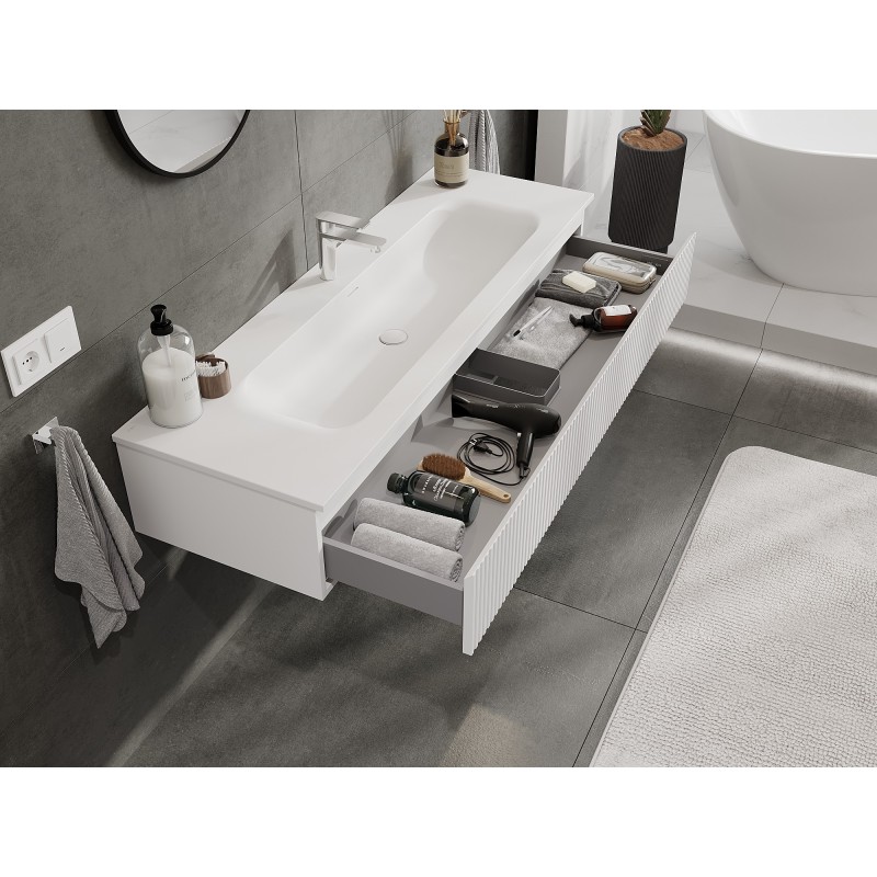 Mexen Rivel bathroom cabinet 140 cm with Vela basin, 1 drawer, grooved, matt white - 91A20-14023-1-BF01-W23M01