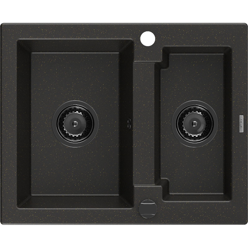 Mexen Carlos granite kitchen sink 1.5-bowl 582 x 475 mm, black/gold metallic, black siphon - 6518581500-75-B