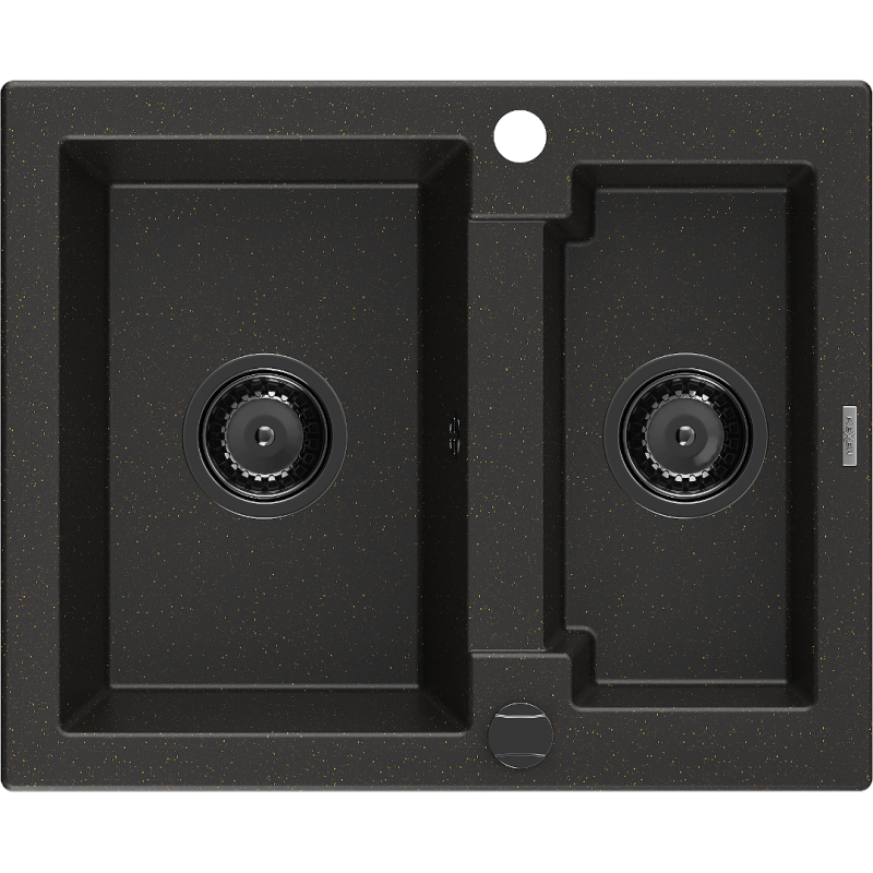 Mexen Carlos granite sink 1.5-bowl 582 x 475 mm, black/gold metallic, black siphon - 6518581500-75-B