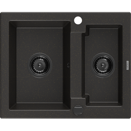 Mexen Carlos granite kitchen sink 1.5-bowl 582 x 475 mm, black/gold metallic, black siphon - 6518581500-75-B