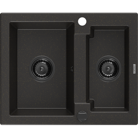 Mexen Carlos granite sink 1.5-bowl 582 x 475 mm, black/gold metallic, black siphon - 6518581500-75-B