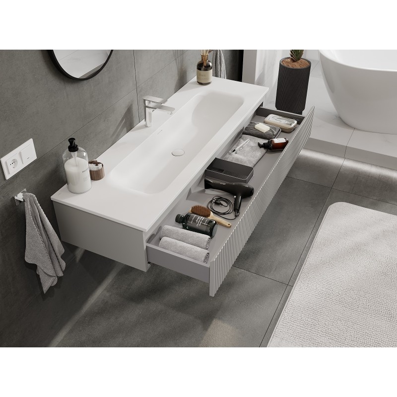 Mexen Rivel 140 cm Bathroom Cabinet with Vela Sink, 1 Drawer, Fluted, Grey Matte/White Matte - 91A20-14023-1-BF62-W23M01