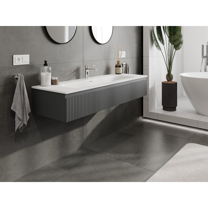 Mexen Rivel bathroom cabinet 140 cm with sink Vela, 1 drawer, fluted, matte graphite/white matte - 91A20-14023-1-BF66-W23M0