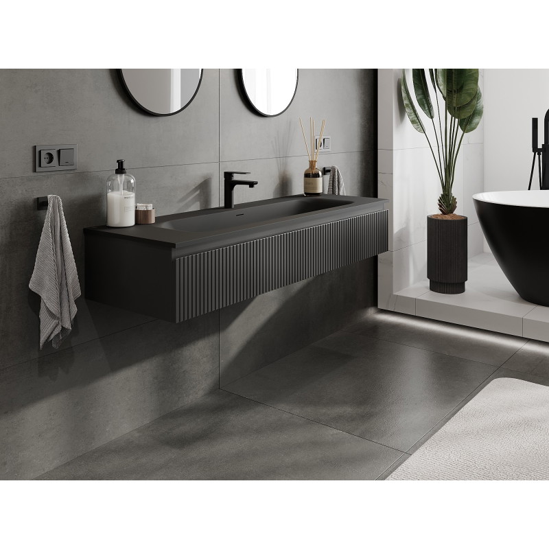 Mexen Rivel bathroom cabinet 140 cm with Vela sink, 1 drawer, grooved, matte black - 91A20-14023-1-BF71-W23M71